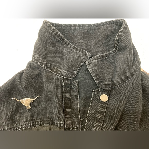 Black Denim Cow Horse Fringe Distressed Jean Jacket Longhorn Rodeo Western Bull - Picture 3 of 11